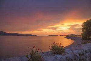 a sunset over a body of water with a stone wall at Apartments kod Ilje i Seke in Prvić Šepurine