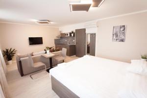 プラハにあるVilla Royalのベッドルーム1室(ベッド1台付)、リビングルームが備わります。