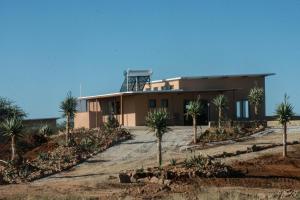 ein Gebäude mit Palmen davor in der Unterkunft Cheetah View Lodge in Otjiwarongo