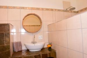 W łazience znajduje się umywalka i lustro. w obiekcie Cheetah View Lodge w mieście Otjiwarongo