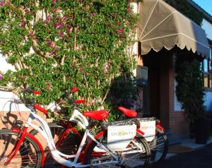 two bikes parked in front of a building with flowers at Hotel Tirreno in Castiglione della Pescaia