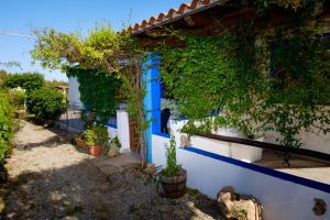 a house with blue and white walls and trees at Casa Museddu in Cardedu