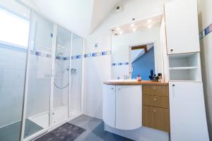 La salle de bains est pourvue d'une douche et d'un lavabo. dans l'établissement Gîte LaurieRaphael, à Pugny-Chatenod