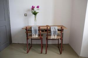 a table with two chairs and a vase with flowers on it at Amarcord Skola in Veli Rat