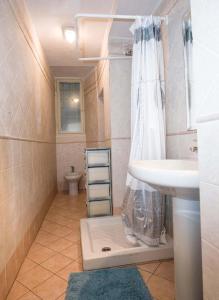 bagno con lavandino e tenda doccia di Appartamento Matteotti a Volterra