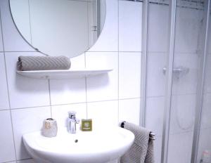 y baño con lavabo, espejo y ducha. en Mozart34, en Osnabrück
