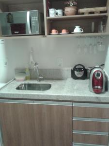 a kitchen counter with a sink and a microwave at Flat Particular Pedra Azul in Pedra Azul