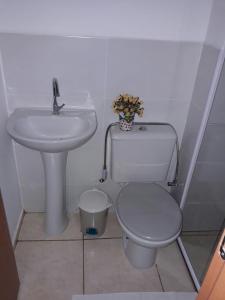 ein Bad mit einem WC und einem Waschbecken in der Unterkunft Condominio Mar de Gales in Macaé