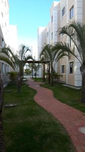 a walkway with palm trees in front of a building at Condominio Mar de Gales in Macaé