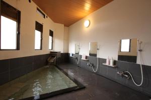 La salle de bains est pourvue d'une piscine d'eau et de miroirs. dans l'établissement Kawahiro, à Nozawa Onsen