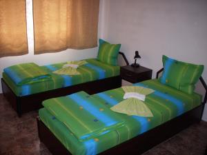 ポモリエにあるGeorgievi Guest Houseのベッド2台(緑のシーツ付)