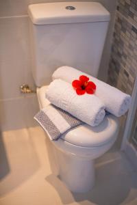 a white toilet with towels and a red flower on it at White Blue Villa in Lakhania