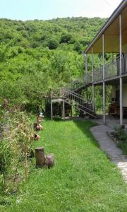 a yard of a house with a staircase in the grass at Marine's Guest House in Ananuri