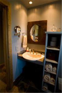 a bathroom with a sink and a mirror at Pearlessence Vineyard Inn in Sebastopol