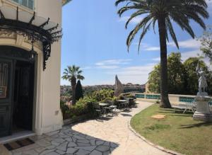 旺斯的住宿－Villa Lorraine，一个带桌椅的庭院和棕榈树