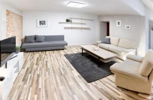ヴィリニュスにあるCathedral Sq. Apartment - Odminiu Str.のソファ2つとテーブルのあるリビングルーム