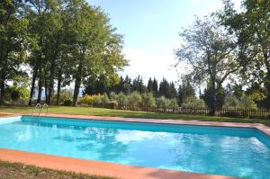 a blue swimming pool in a yard with trees at Agriturismo Testalepre in Greve in Chianti