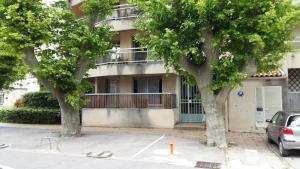 two trees in a parking lot in front of a building at Appartement Porte Évêque in Avignon