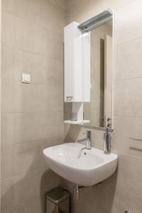 ベオグラードにあるApartment Savamala 59の白い洗面台と鏡のあるバスルーム