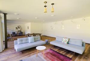 a living room with two blue couches and a table at Espaces d'Or in Wavre