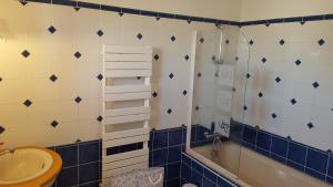 a bathroom with blue and white tiled walls and a tub at Maison Les Pins in Aigues-Mortes +10 photos