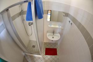 图尔恩Junges Hotel Tulln - NÖ Jugendherbergswerk的带淋浴和盥洗盆的小浴室