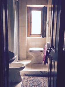 阿雷佐的住宿－Podere Poggio Mendico，一间带卫生间、水槽和窗户的浴室