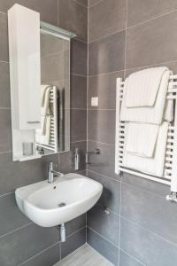 ベオグラードにあるApartment Savamala 59の洗面台、鏡、タオルを備えたバスルーム +33枚の写真