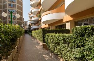 a sidewalk in front of a building with green bushes at Monte Cairo Serviced Apartments in Cairo