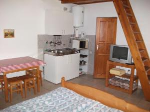 ハイドゥソボスローにあるÁlmos Apartmanの小さなキッチン(テーブル、テレビ付)