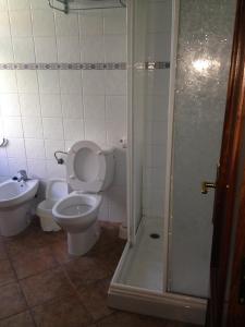 a bathroom with a toilet and a sink at Pension Meson Paz in Puentedeume