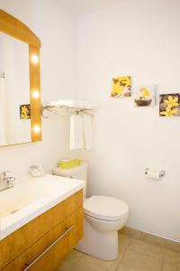 La salle de bains est pourvue de toilettes blanches et d'un lavabo. dans l'établissement Motel Blanche d'Haberville, à Saint-Jean-Port-Joli
