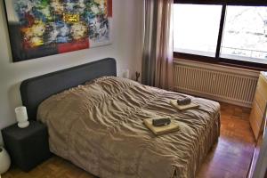 ein Schlafzimmer mit einem Bett mit zwei Schuhen drauf in der Unterkunft Apartment am Römerkreis in Heidelberg
