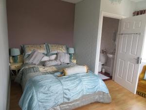 1 dormitorio con 1 cama con edredón azul en Leam Cottage, en Belmullet