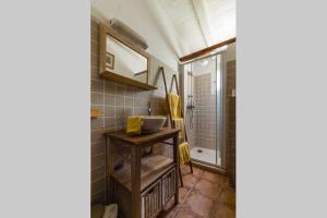 uma casa de banho com um lavatório e um chuveiro em Villa Trou Aux Biches em Oletta