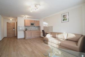 a living room with a couch and a kitchen at Aparthotel Donaustern in Asbach-Bäumenheim