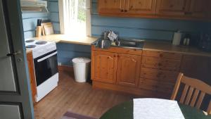 a kitchen with wooden cabinets and a stove and a sink at Eidsfoss slusevokterbolig in Lunde