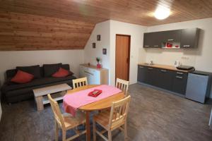 a kitchen and a living room with a table and a couch at Apartmany Svijany in Svijany