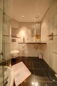 uma casa de banho com um chuveiro, um WC e um lavatório. em Hotel Adler em Nagold
