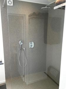 een douche in een badkamer met een glazen deur bij Le Coin Cocoon Inn in Aywaille