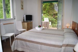 Schlafzimmer mit einem Bett, einem Fenster und einem TV in der Unterkunft Albergo Ristorante Pace in Bognanco