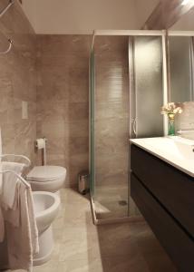 een badkamer met een douche, een toilet en een wastafel bij camera elena in Palazzo Stapane in Santa Maria al Bagno