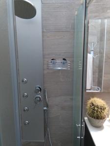 een douche met een glazen deur in de badkamer bij camera elena in Palazzo Stapane in Santa Maria al Bagno