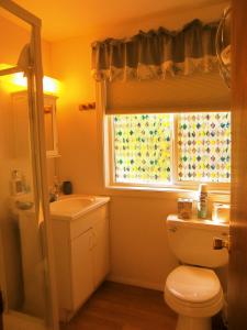 a bathroom with a toilet and a sink and a window at Grace and Bill's Freedom Hills B&B in Talkeetna