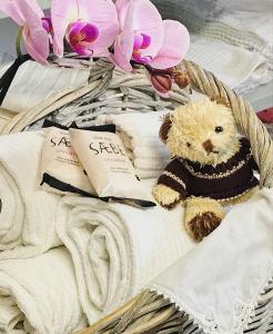 a teddy bear sitting on a basket with towels at Le Tartarughe B&B in Magliano in Toscana