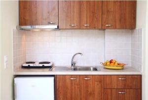 a kitchen with a sink and a bowl of fruit at Eleana Studios in Lefkada