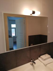 a bathroom with a sink and a large mirror at Esplanad Apartment in Mariehamn