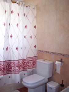 a bathroom with a toilet and a shower curtain at Casa Tere in Miller +9 photos