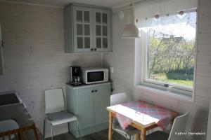 a small kitchen with a table and a microwave at Stugan Brantevik in Brantevik