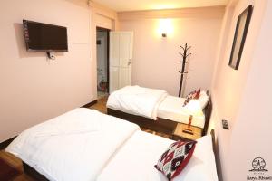 a room with two beds and a flat screen tv at Aarya Chaitya Inn in Kathmandu